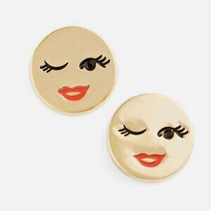 Kate Spade New York Tell All Emoji Stud Button Earrings Winking Face Circle Gold